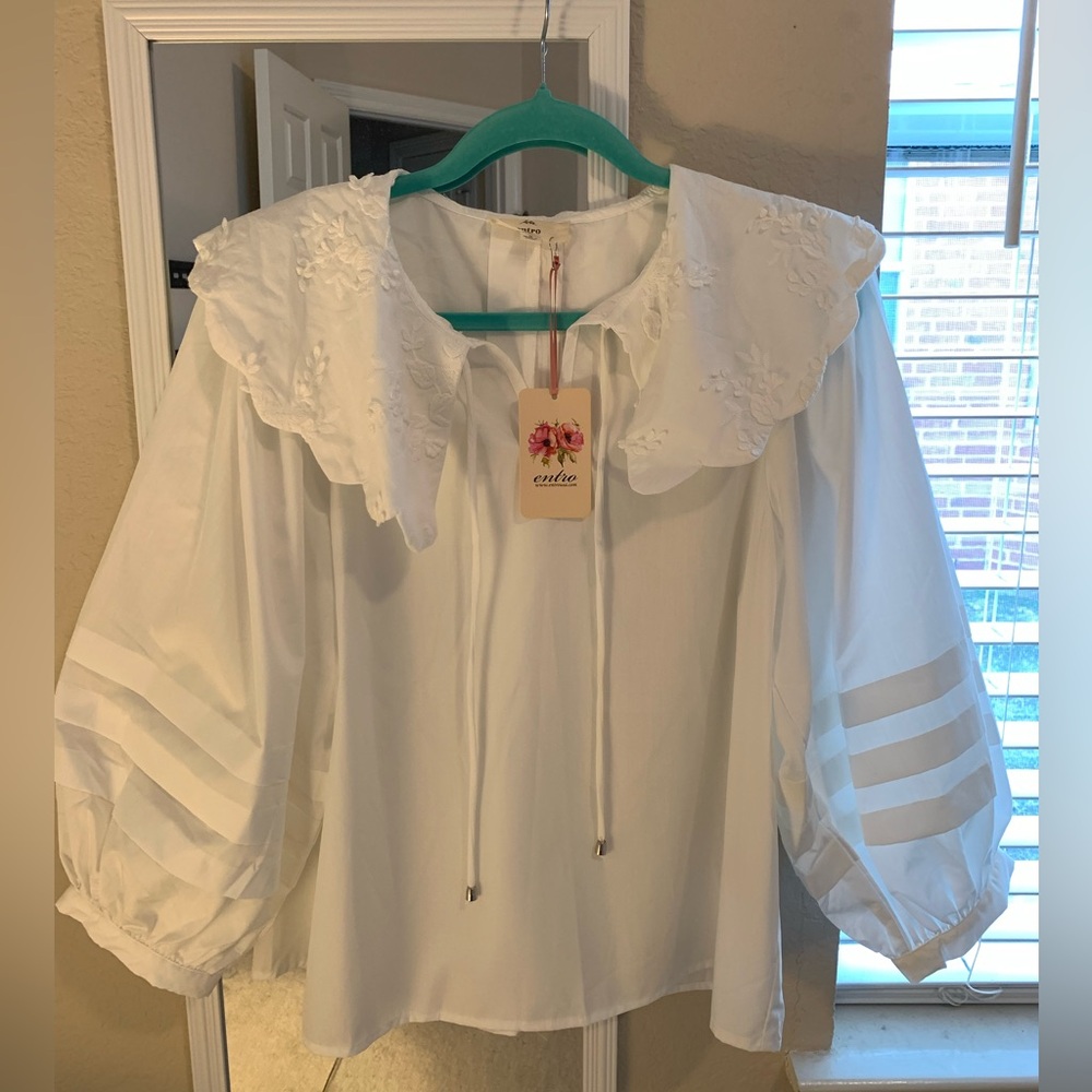 Entro White Blouse with Embroidered Collar
